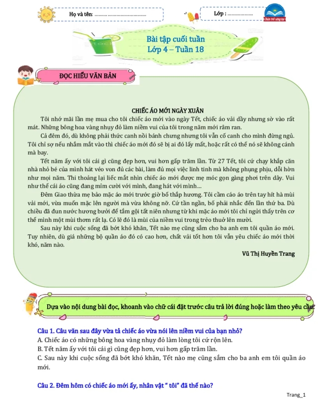 Bài Tập Cuối Tuần Tiếng Việt 4 Tuần 18 - Thumbnail