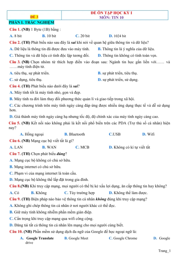 Đề Thi HK 1 Tin 10 Có Đáp Án - Đề 3 - Thumbnail