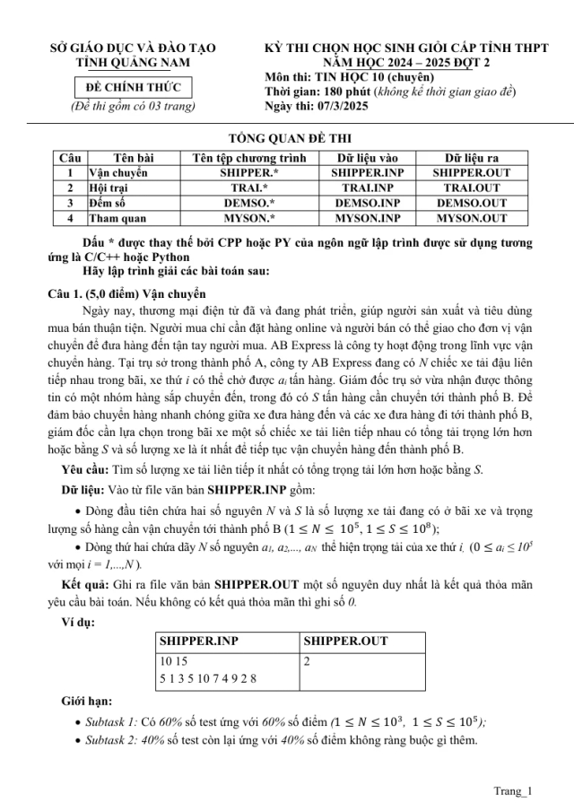 Đề Thi HSG Môn Tin 10 Sở GD Quảng Nam 2024 - 2025 - Thumbnail