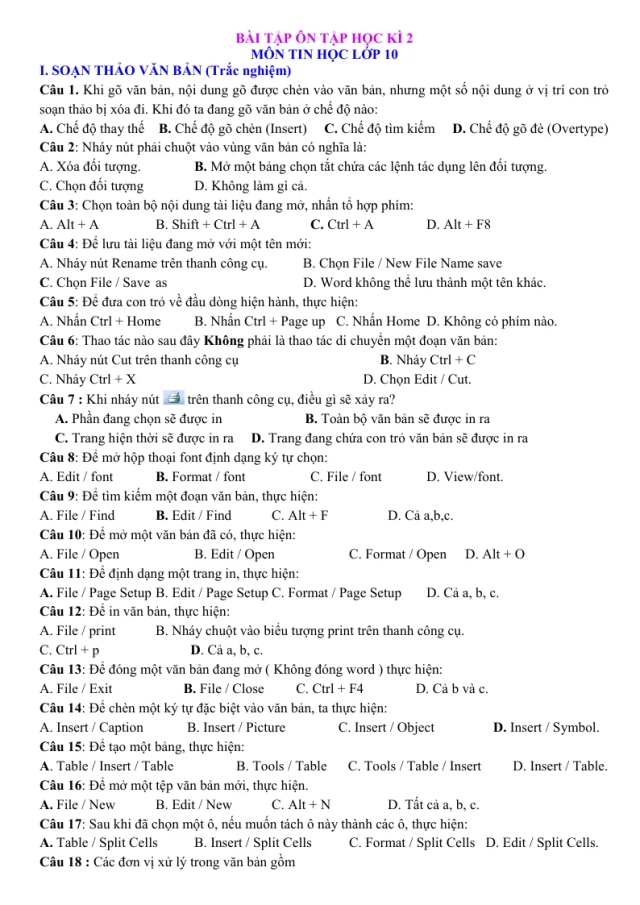 Đề Cương Ôn Tập Môn Tin 10 Học Kỳ 2 - Thumbnail