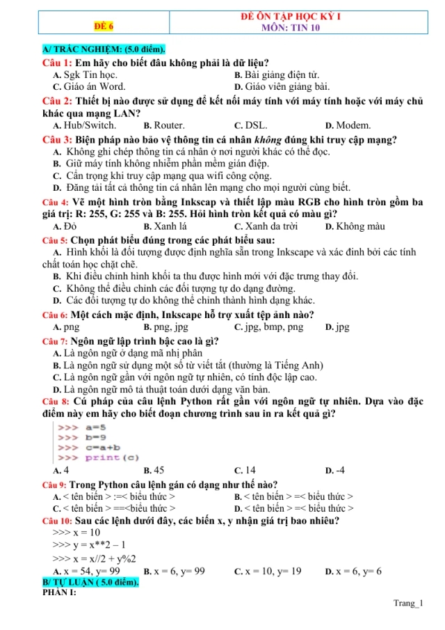 Đề Ôn Thi HK 1 Tin 10 Có Đáp Án - Đề 6 - Thumbnail