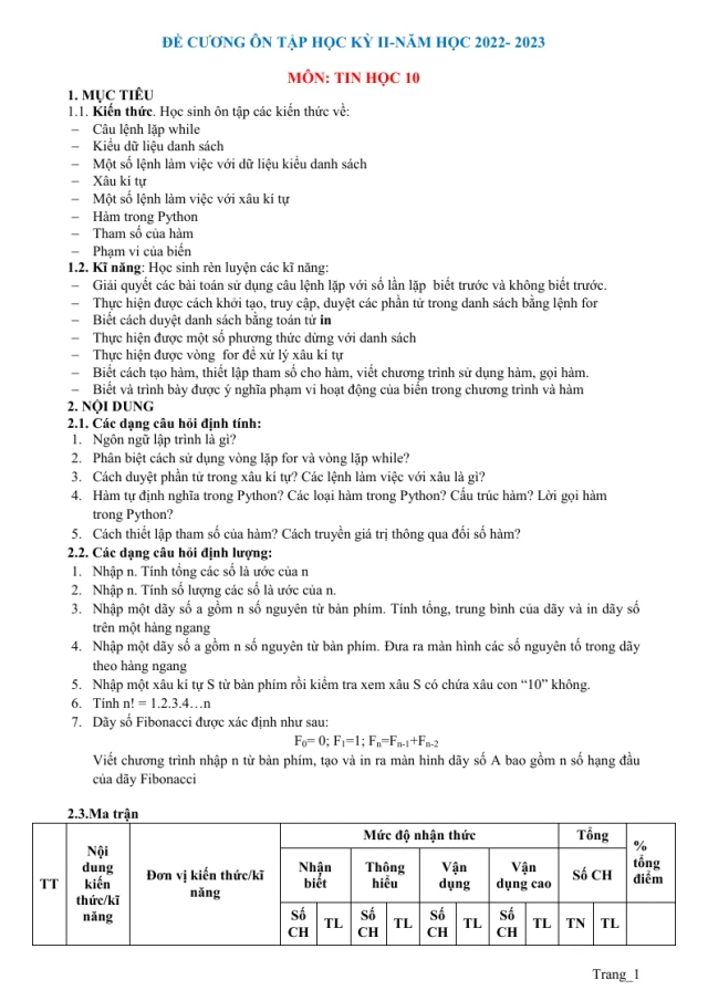 Đề Cương Ôn Tập Tin Học 10 Học Kỳ 2 - Thumbnail