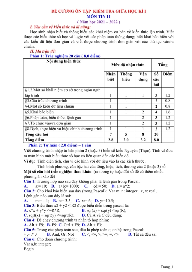 Đề Cương Ôn Tập Môn Tin 11 Giữa Học Kỳ 1 - Thumbnail