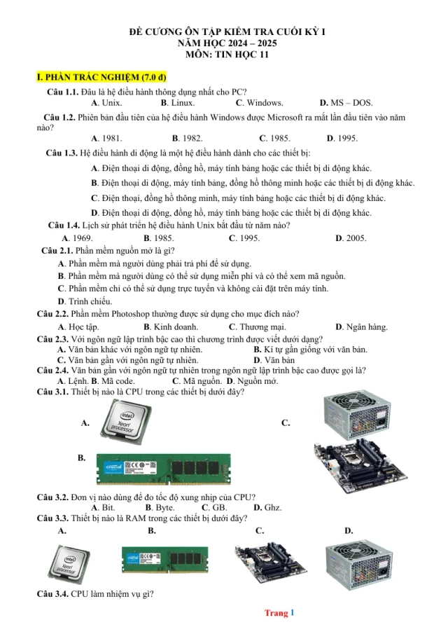 Đề Cương Ôn Tập Cuối Học Kỳ 1 Tin 11 2024 - 2025 - Thumbnail