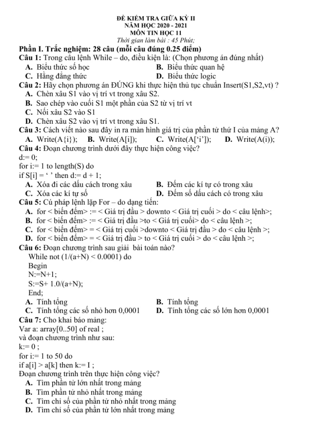 Đề Kiểm Tra Giữa Học Kỳ 2 Tin Học 11 Có Đáp Án (Đề 1) - Thumbnail