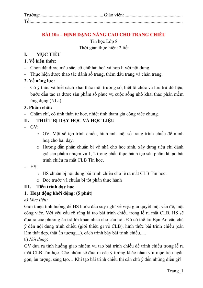 Giáo Án Tin 8 Bài 10a Định Dạng Nâng Cao Cho Trang Chiếu