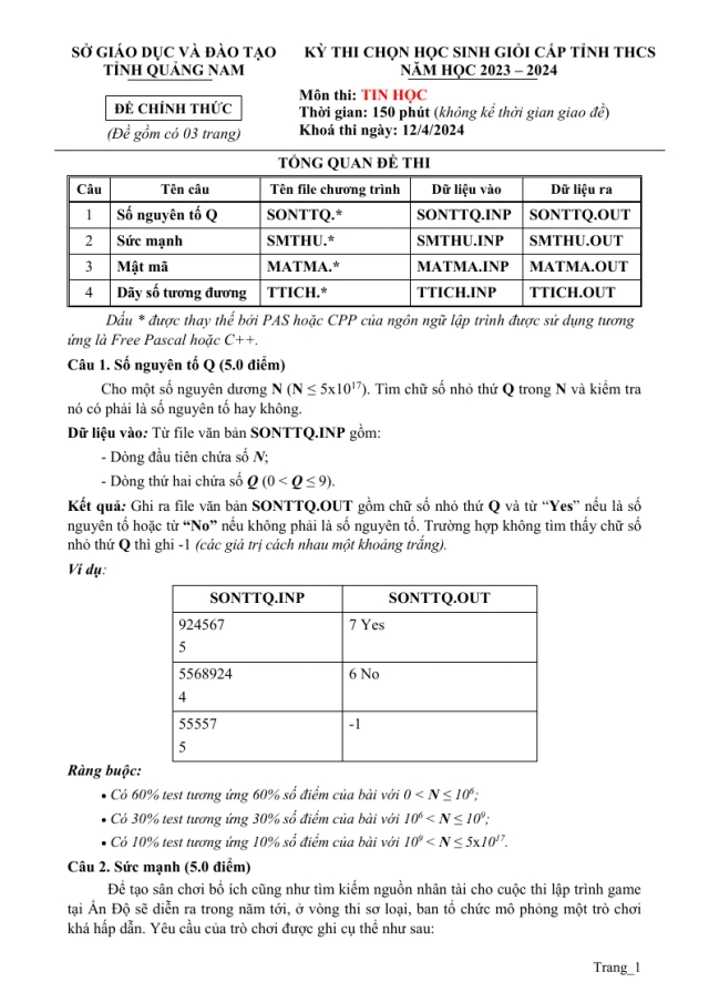 Đề Thi HSG Tin 9 Sở GD Quảng Nam 2023 - 2024 - Thumbnail