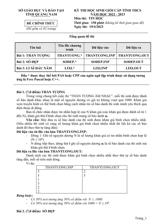 Đề Thi HSG Môn Tin 9 Sở GD Quảng Nam 2022 - 2023 - Thumbnail