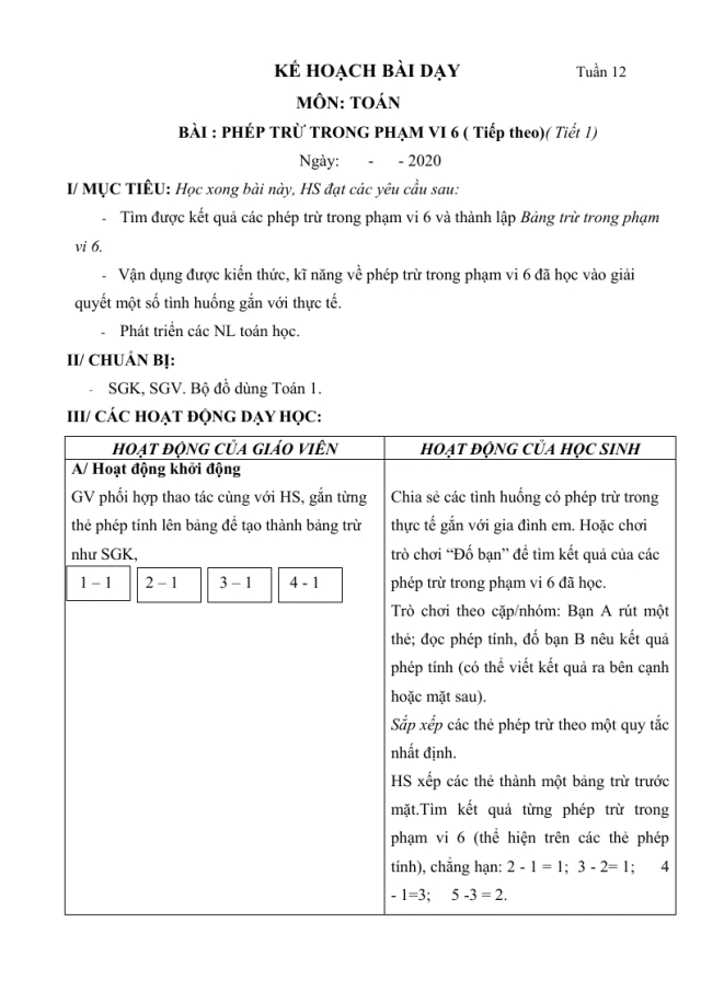 Giáo Án Toán Lớp 1 Sách Tuần 12 - Thumbnail
