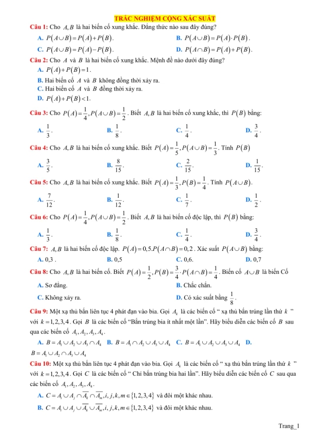 40 Câu Trắc Nghiệm Cộng Xác Suất Theo Từng Dạng - Thumbnail