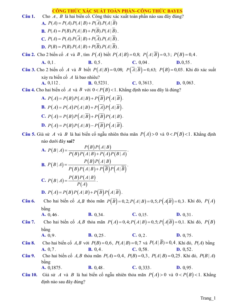 40 Câu Trắc Nghiệm Công Thức Xác Suất Toàn Phần Và Bayes Lớp 12