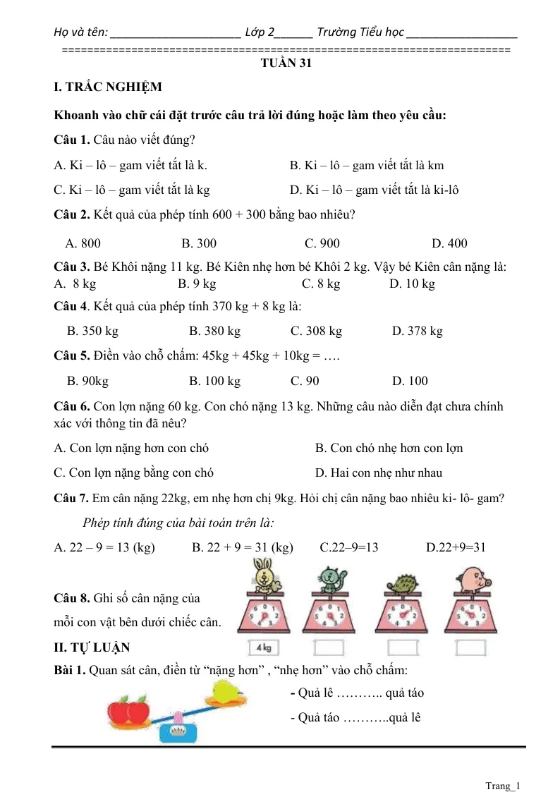 Phiếu Cuối Tuần Toán 2 Tuần 31