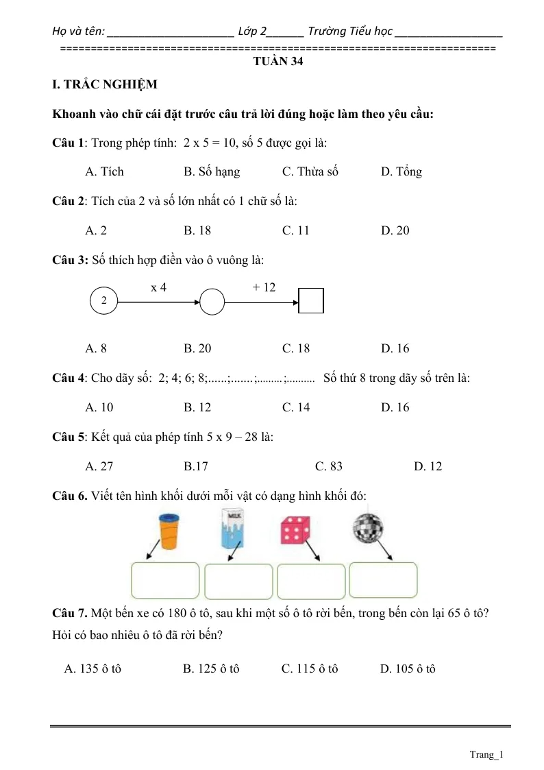 Phiếu Cuối Tuần Toán 2 Tuần 34