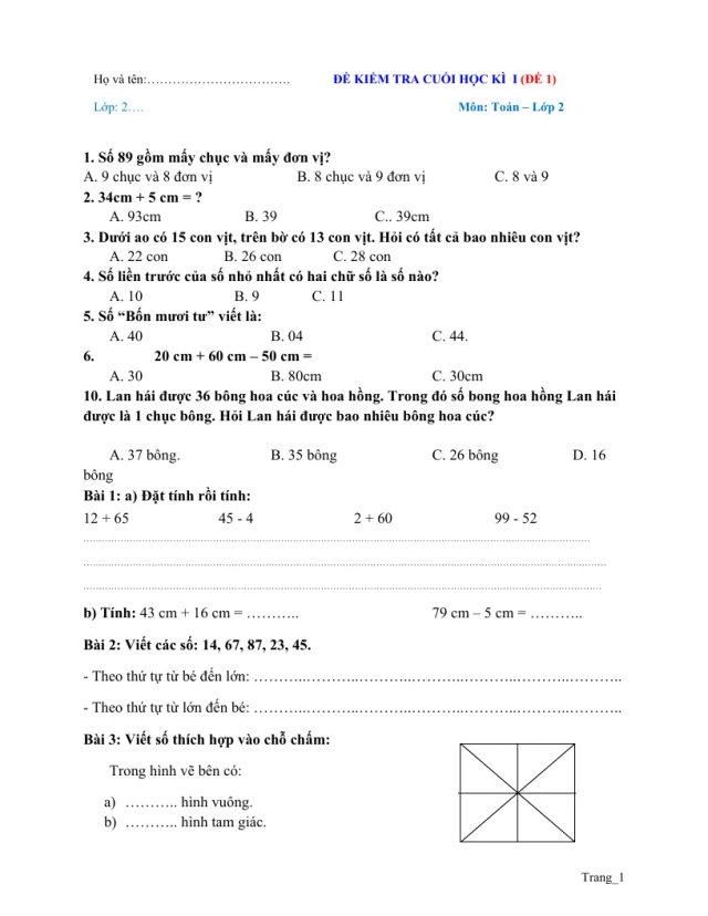 Bộ Đề Kiểm Tra Học Kì 1 Toán 2 2021 - 2022 - Thumbnail