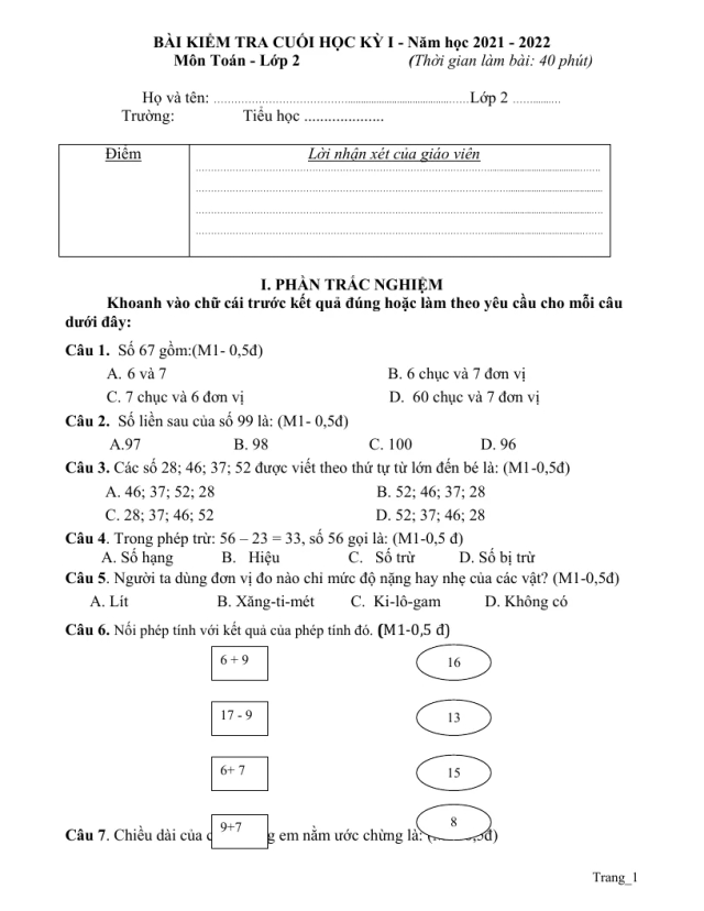 Đề Kiểm Tra Cuối Học Kì 1 Toán 2 Có Đáp Án Và Ma Trận - Thumbnail