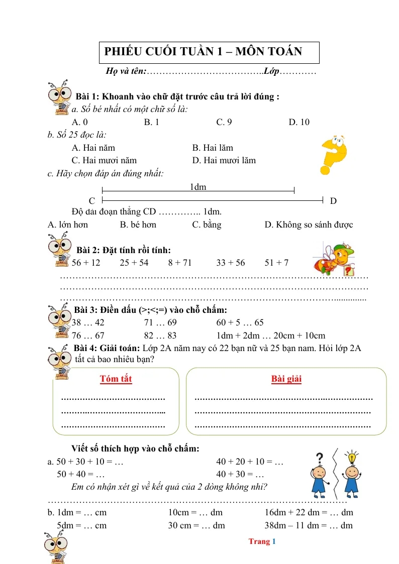 Phiếu Cuối Tuần Toán 2 Tuần 1