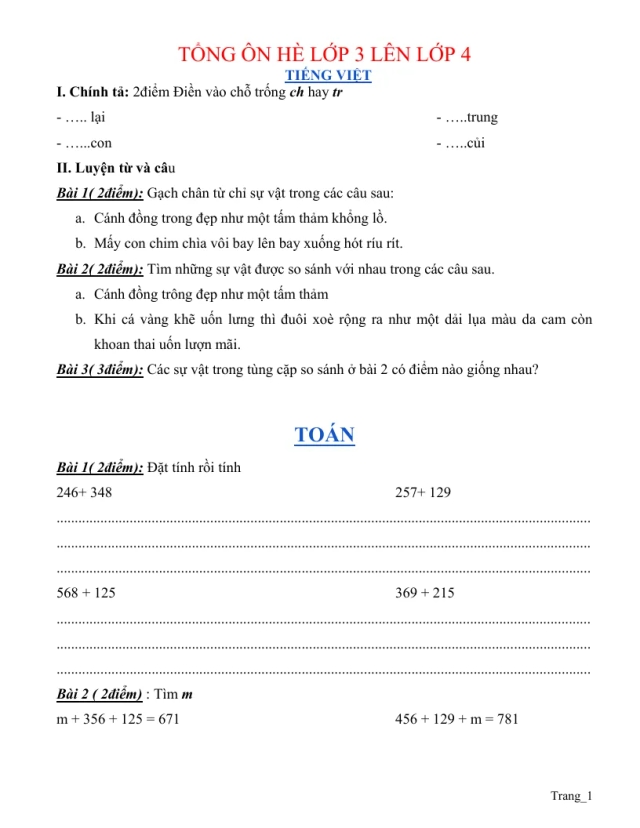 Bài Tập Ôn Hè Toán Tiếng Việt Lớp 3 Lên 4 - Thumbnail