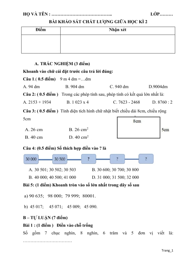 Đề Ôn Tập Giữa Học Kỳ 2 Toán 3 Năm Học 2025 - 2026 - Đề 3 - Thumbnail