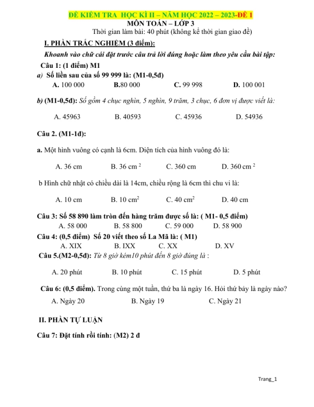 Bộ Đề Kiểm Tra Học Kỳ 2 Toán 3 - Thumbnail