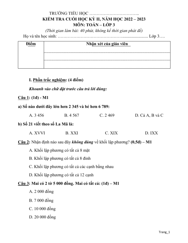 Đề Kiểm Tra Học Kỳ 2 Toán 3 - Thumbnail
