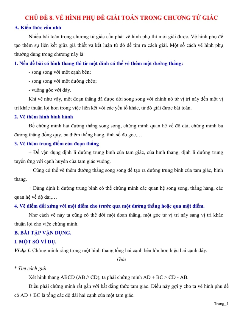 Giáo Án Dạy Thêm Hình 8 Chủ Đề Vẽ Hình Phụ Để Giải Toán Trong Chương Tứ Giác