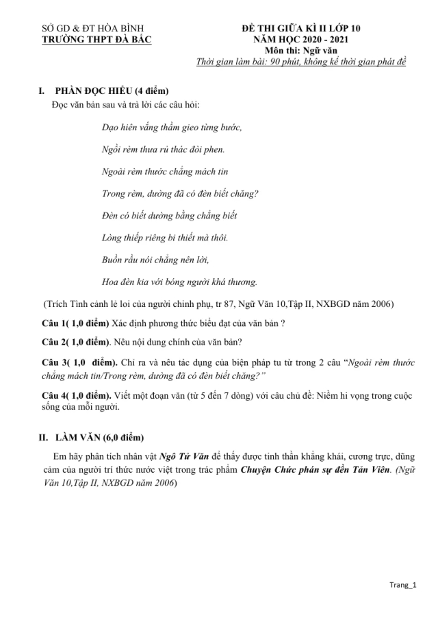 Đề Kiểm Tra Giữa Học Kỳ 2 Ngữ Văn 10 Trường Đà Bắc Có Đáp Án (Đề 1) - Thumbnail
