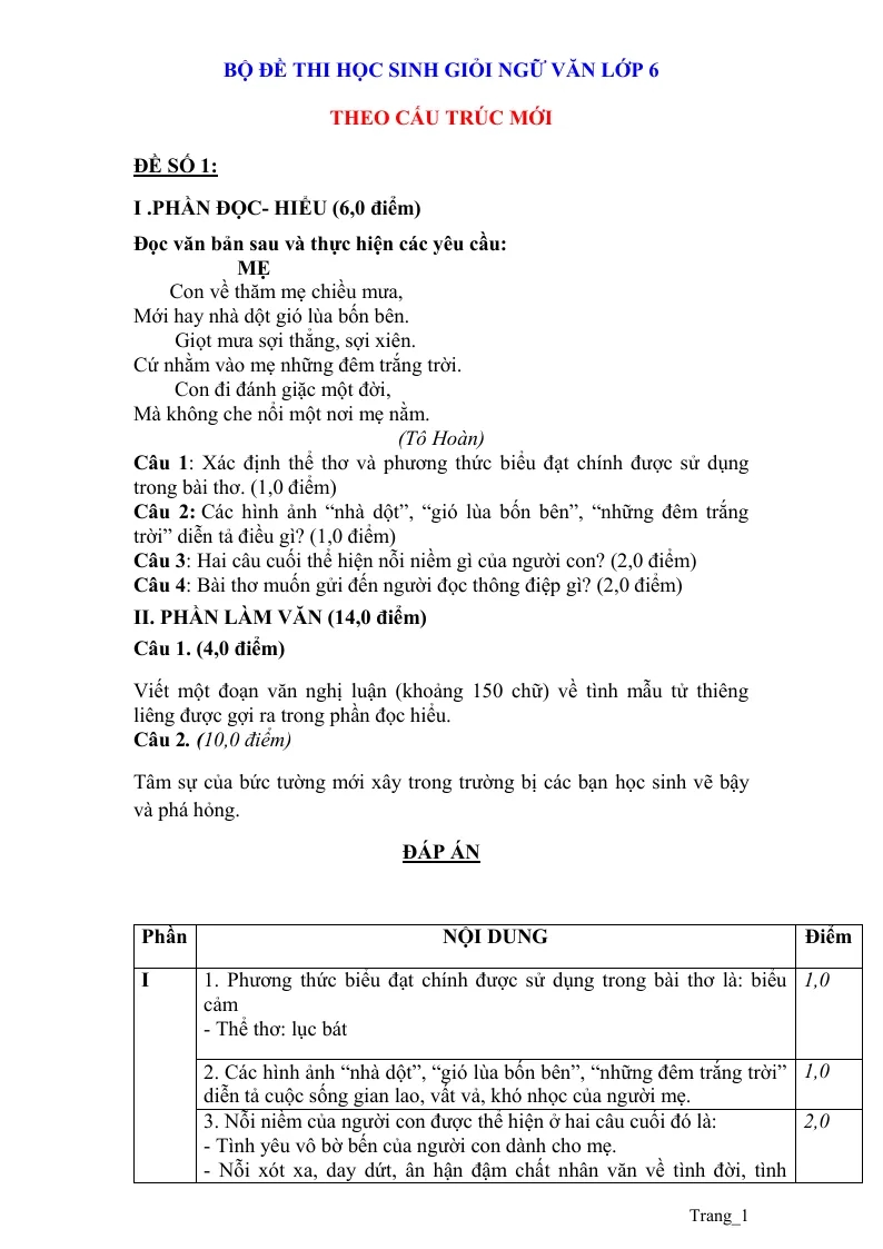 Bộ Đề Thi HSG Ngữ Văn 6 Theo Cấu Trúc Mới