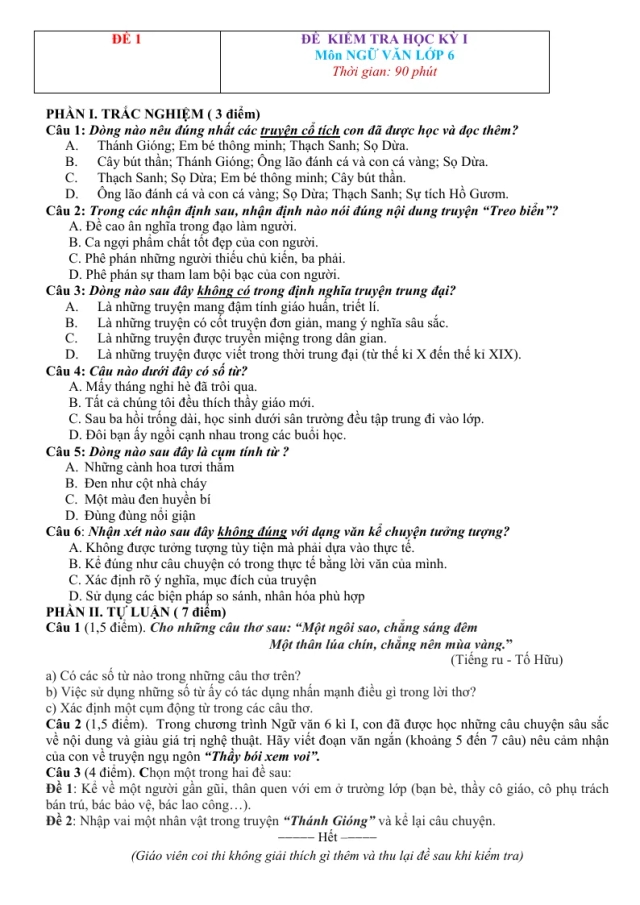 25 Đề Thi Học Kỳ 1 Ngữ Văn 6 - Thumbnail