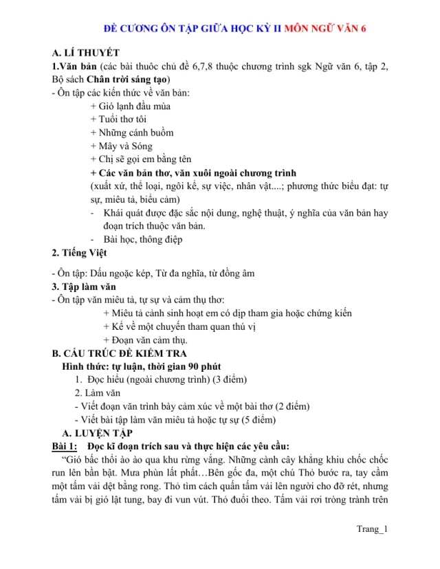 Đề Cương Ôn Tập Giữa Học Kỳ 2 Ngữ Văn 6 2023 - Thumbnail