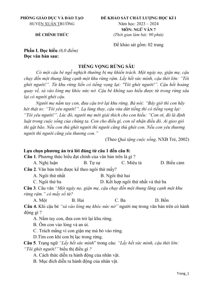 Đề KSCL Học Kỳ 1 Văn 7 Phòng GD Huyện Xuân Trường 2023 - 2024 - Thumbnail