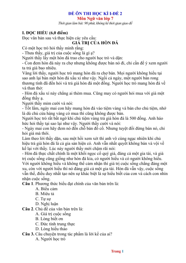 Đề Thi HK1 Ngữ Văn 7 - Đề 2 - Thumbnail