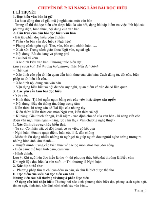 Chuyên Đề Kĩ Năng Làm Bài Đọc Hiểu Bồi Dưỡng HSG Ngữ Văn 7 - Thumbnail