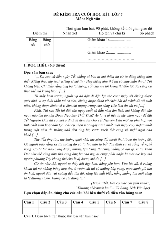 Đề Thi Học Kỳ 1 Ngữ Văn 7 Có Đáp Án - Đề 3 - Thumbnail