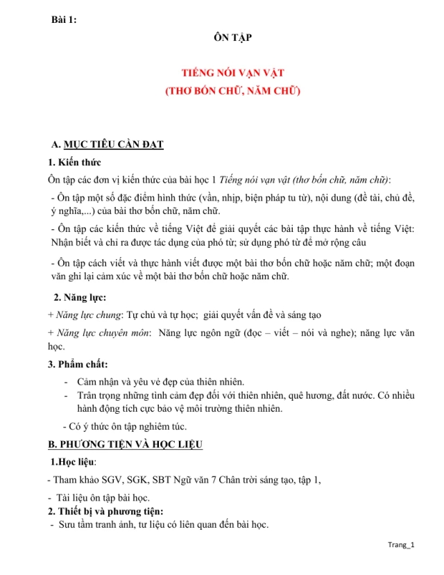 Giáo Án Dạy Thêm Ngữ Văn Lớp 7 Học Kỳ 1 - Thumbnail