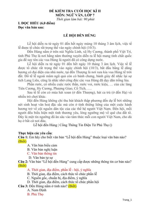 Bộ Đề Kiểm Tra Học Kỳ 2 Ngữ Văn 7 Có Đáp Án Ma Trận - Thumbnail