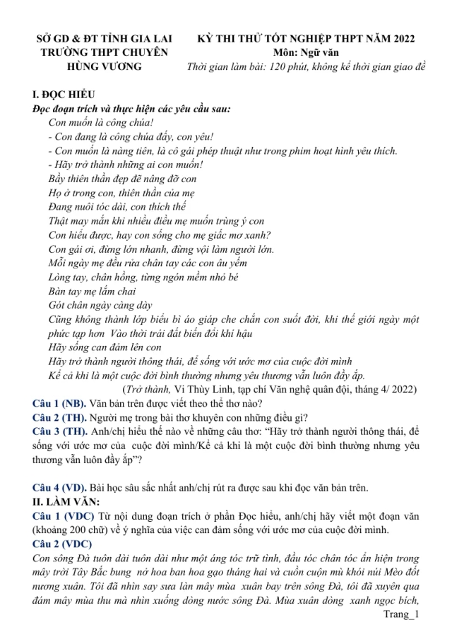 Đề Thi Thử TN THPT Môn Văn 2022 Chuyên Hùng Vương - Thumbnail
