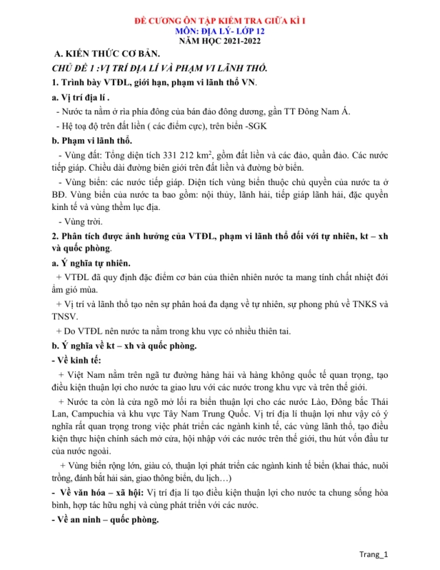 Đề Cương Ôn Tập Địa Lí 12 Giữa Học Kỳ 1 - Thumbnail