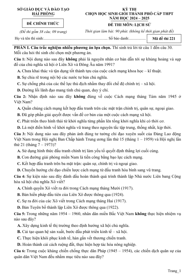 Đề Chọn Học Sinh Giỏi Môn Lịch Sử 12 Sở GD Hải Phòng 2024 - 2025 - Thumbnail