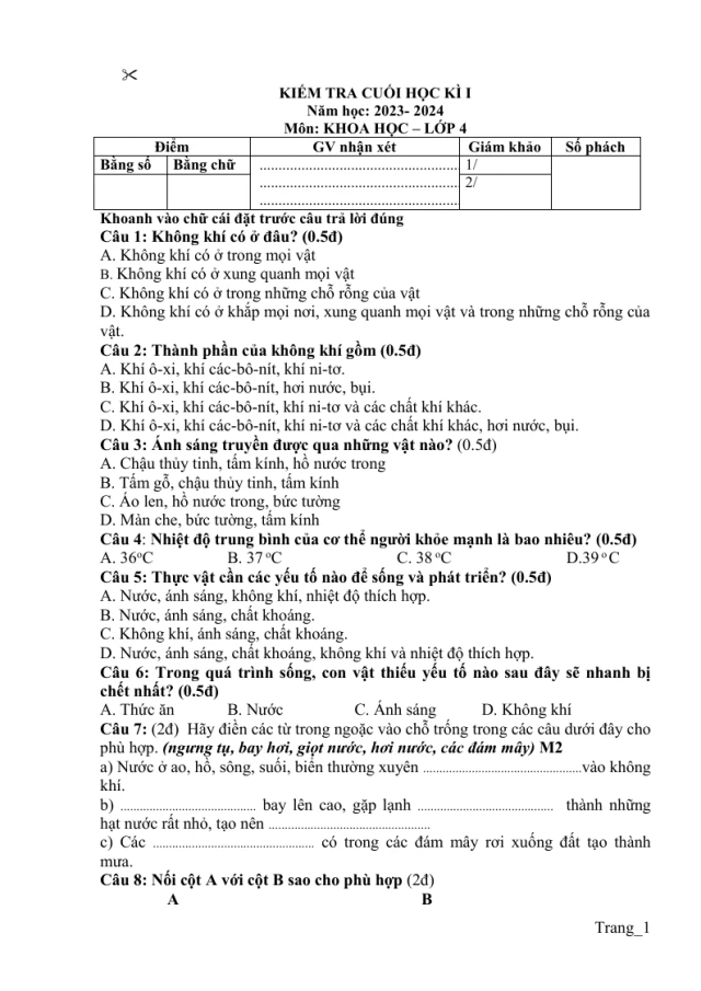 Đề Thi Học Kỳ 1 Khoa Học 4 Năm 2023 - 2024 Có Đáp Án Ma Trận - Thumbnail