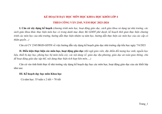 Kế Hoạch Dạy Học Môn Khoa Học 4 - Thumbnail