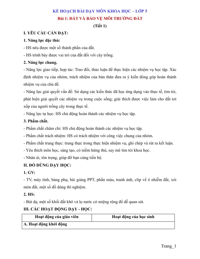 Giáo Án Khoa Học 5 Bài 1 Đất Và Bảo Vệ Môi Trường Đất - Thumbnail