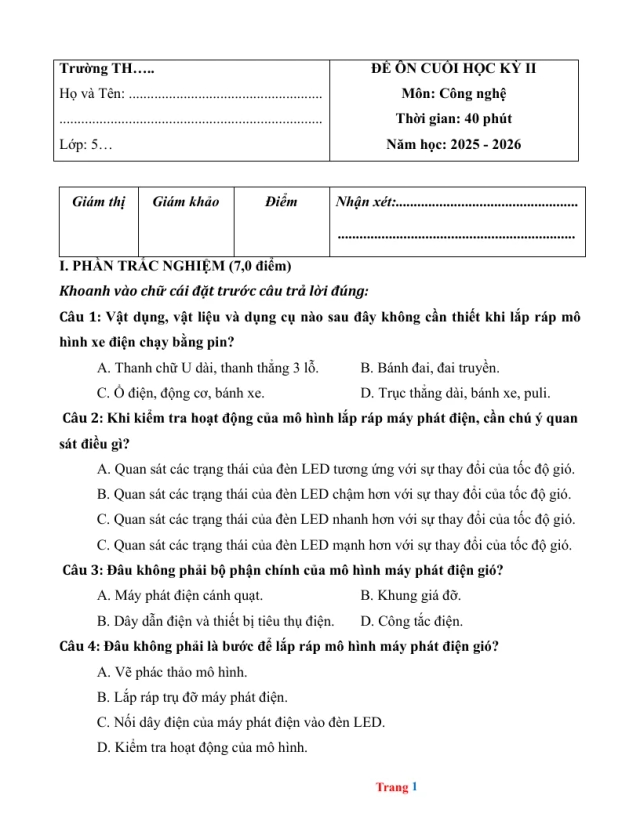 Đề Ôn Tập Học Kỳ 2 Công Nghệ Lớp 5 Năm 2025 - 2026 - Thumbnail