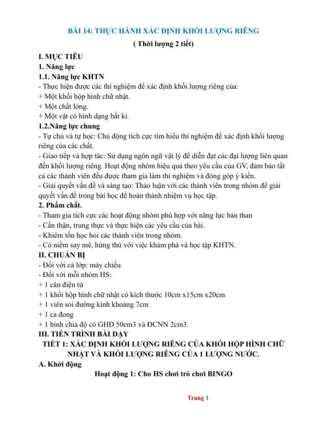 Giáo Án KHTN 8 Bài 14 Thực Hành Xác Định Khối Lượng Riêng - Thumbnail