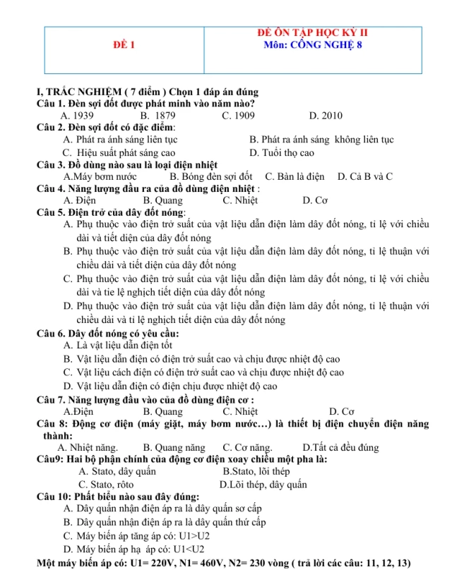 10 Đề Thi HK2 Công Nghệ 8 - Thumbnail