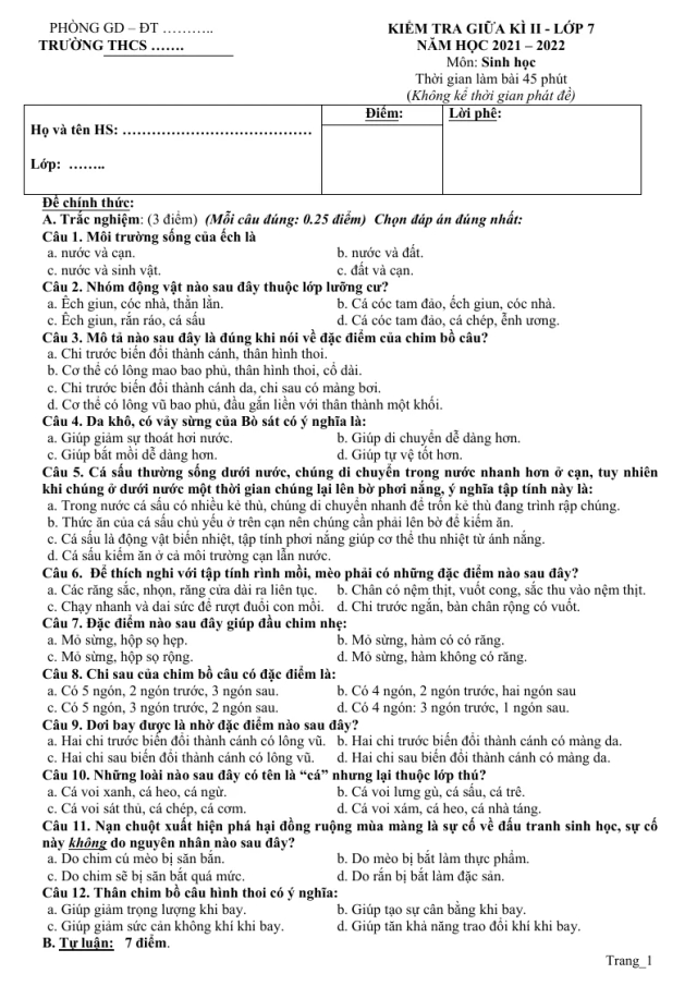 Đề Thi Giữa Kì 2 Sinh 7 Năm 2021 - 2022 Có Đáp Án Và Ma Trận - Thumbnail