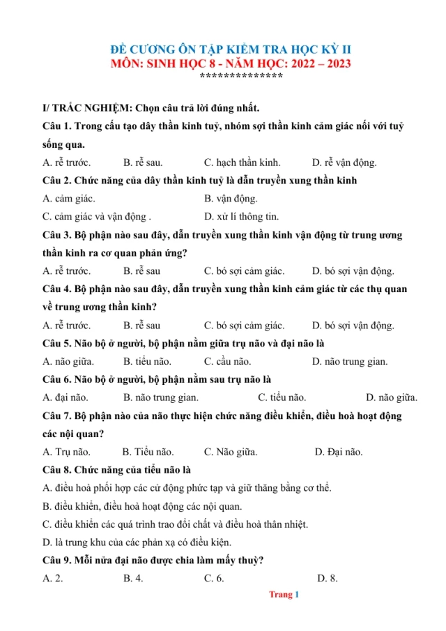 Đề Cương Ôn Tập Học Kỳ 2 Sinh Học 8 Năm Học 2022 - 2023 - Thumbnail