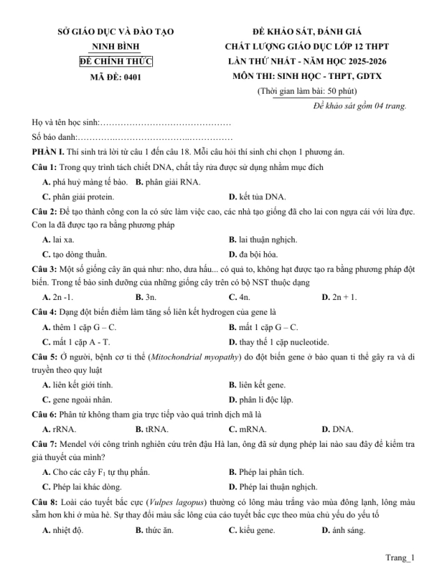 Đề Thi Thử Tốt Nghiệp 2026 Môn Sinh Sở GD Ninh Bình Lần 1 - Thumbnail
