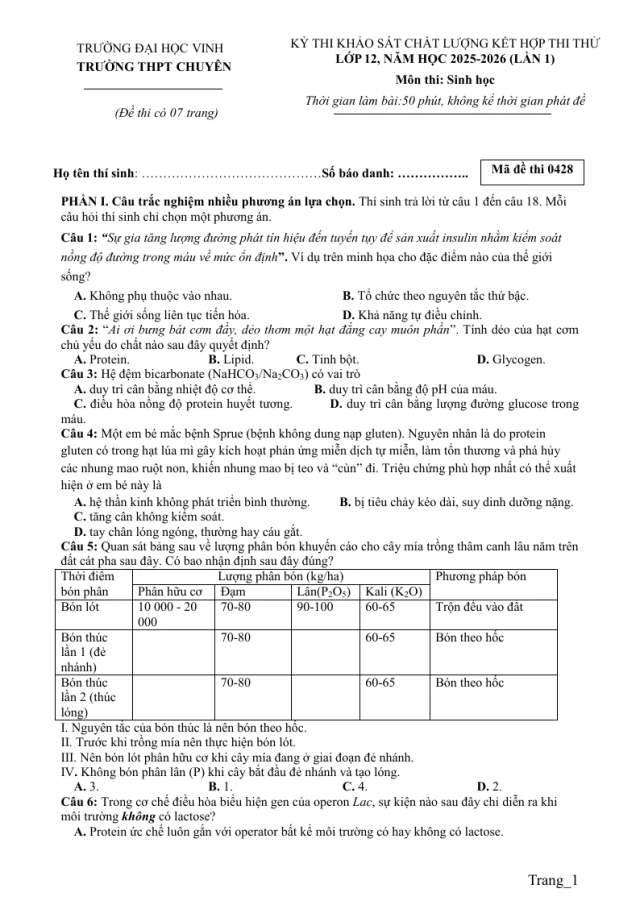 Đề Thi Thử Tốt Nghiệp 2026 Môn Sinh Chuyên Đại Học Vinh Lần 1 - Thumbnail