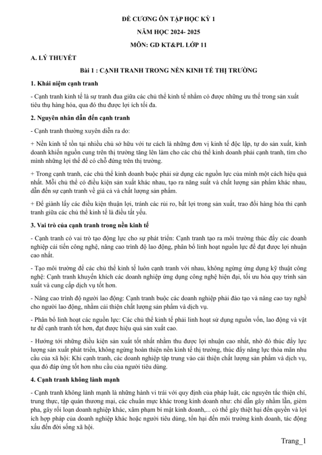 Đề Cương Ôn Tập HK1 GD KT&PL 11 Theo Từng Bài Học 2024 - 2025 - Thumbnail