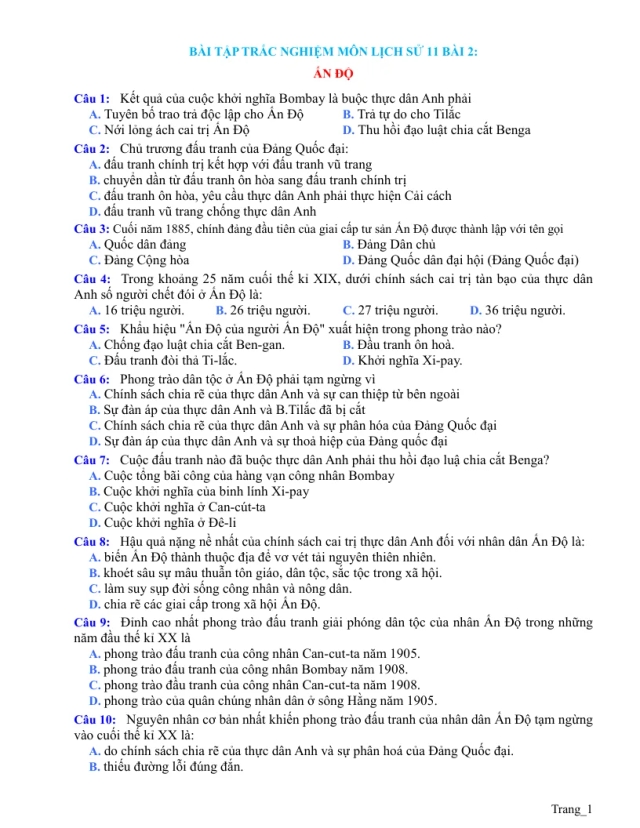 Trắc Nghiệm Sử 11 Bài 2: Ấn Độ - Thumbnail